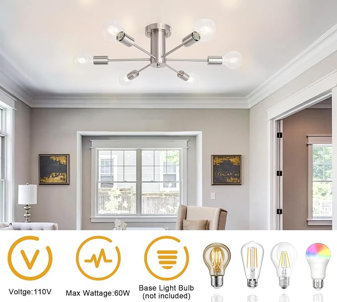 Kitchen Light Fixtures 6 Lights Ceiling Lights Fixture Nickel Modern Semi Flush Mount Lighting Sputnik Chandelier for Bedroom Dining Room Hallway