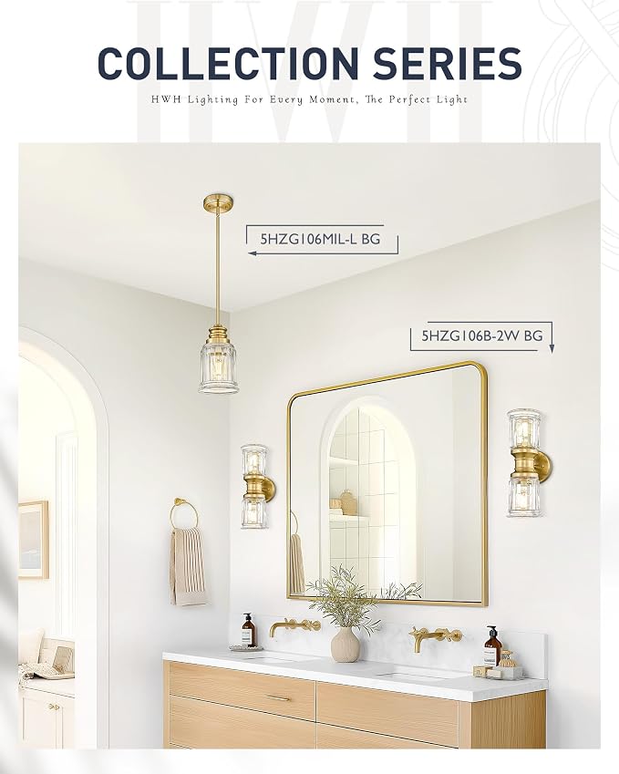 Gold Wall Sconces, HWH Single Wall Vanity Light Fixture for Bathroom Living Room Bedroom, Bathroom Wall Sconces with Bell-Shaped Clear Glass, Gold Finish, 5HZG106B-2W BG