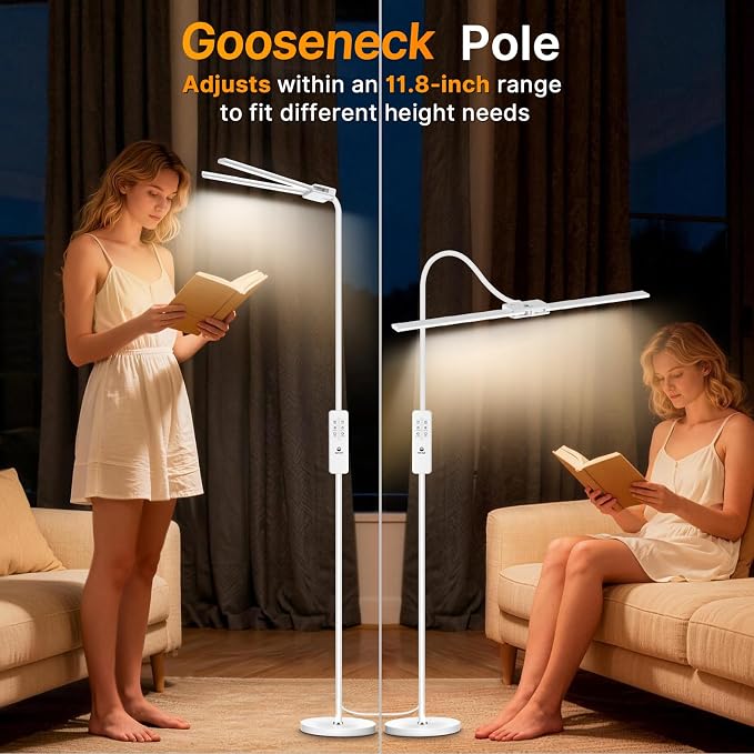 Syrinx LED Floor Lamp, 18W 2000LM Bright Reading Floor Lamp, Dual Head Gooseneck Standing Lamp, Smart Motion Sensor, Remote Control, Dimmable Brightness & Color Temp, for Living Room Bedroom Office