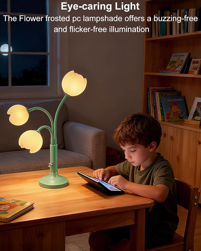 Green Flower Table Lamp Dimmable G9 Bulbs Included Gift for Nursery | Nightstand Cute Desk Lamp with Flexible Gooseneck Arms Warmwhite Ambient Bedside Lamps for Living Room Bedroom Home Decor