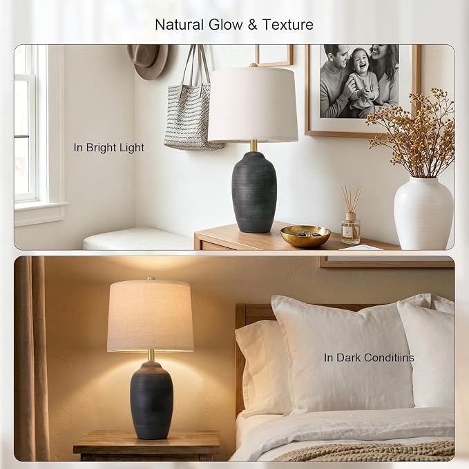 24.5" Vintage Ceramic Table Lamp for Living Room Black Single | Farmhouse Small Nightstand Lamps for Bedroom, Rustic Stone-Textured Ceramic, Home Decor for Bedside, Side End Table, Buffet