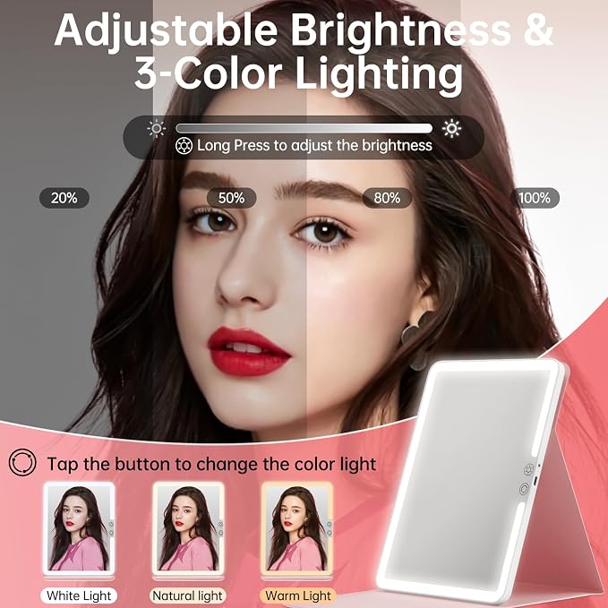 FUNTOUCH 2500mAh Large Rechargeable Travel Makeup Mirror with Lights (Pink) | Portable Makeup Mirror with 10X Magnifying Mirror 3 Lighting Modes, Tabletop Folding Travel Mirror with PU Leather Cover