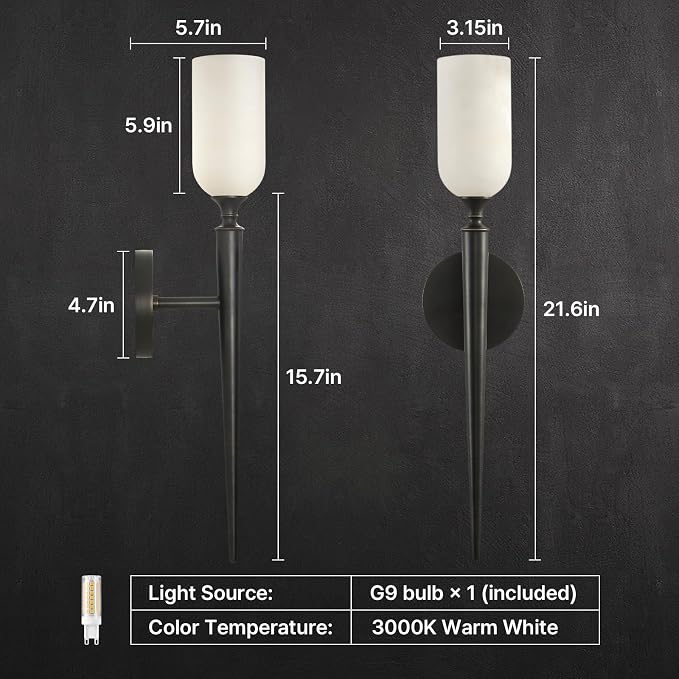 21.6" Alabaster Wall Sconce, Antique Oil Rubbed Bronze Black Brass | Natural Spanish Alabaster, Handcrafted Solid Brass, Refined Material Pairing, Unique Marble Veining, Classic Vintage Style