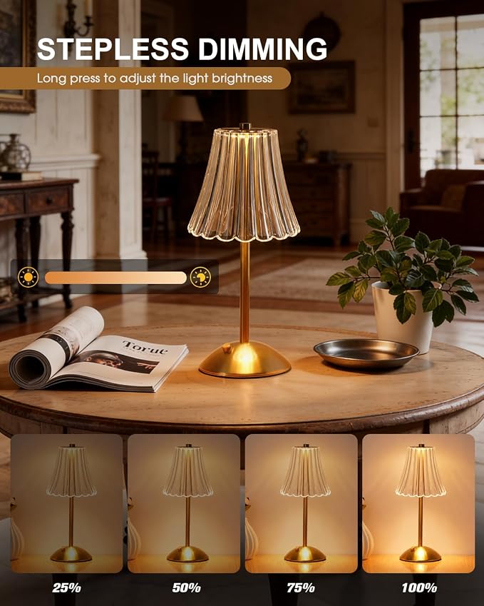 Nusogon 2 Pack Rechargeable Cordless Table Lamp, Touch Control Desk Lamp | 3 Color Dimmable LED Gold Small Lamp for Bedroom Bedside Restaurant Kitchen Home Decor