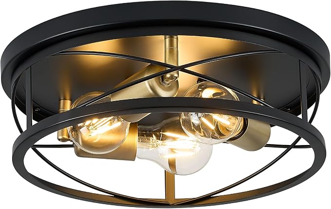 Farmhouse Light Fixtures, Black and Gold Round Metal Flush Mount Ceiling Light, 3-Light Cage Ceiling Lamp for Kitchen, Foyer, Bedroom, Hallway（Bulbs Not Included）