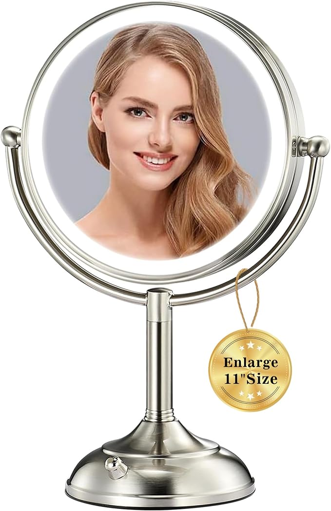 11.8" Extra Large 17" Tall Lighted Makeup Mirror, 1X/5X/10X 3-Sided Magnifying Mirror with 96 LEDs, 3 Color Dimmable Lights, 360° Swivel Dual Power Vanity Mirror, Nickel Finish Luxury Gift Box