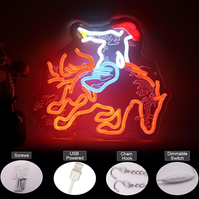 Riding Horse LED Neon Sign,Man with Cowhat Western Style Wall Decor with Acrylic Backing, Dimmable USB Powered Neon Light for Bar, Man Cave, Ranch & Rustic Home Decor Holiday Birthday Gift