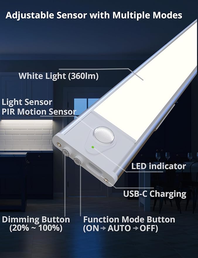 23.6in Under Cabinet Lighting, 101-LED, Dimmable, Rechargeable 4400mAh Battery, Indoor Wireless Motion Sensor Closet Light for Kitchen, Counter, Wardrobe (Silver)-3 Pack