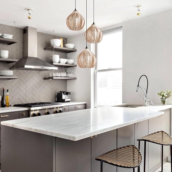 Modern 3 Lights Glass Pendant Light Amber Striped Glass Globe Cluster Chandelier Lighting Fixtures Matte Black Adjustable Kitchen Island Hanging Pendant Lighting Nordic Multi Lights Pendant Lamp