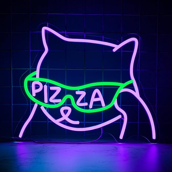 Pizza Sunglasses Cat Neon Sign, Anime Neon Signs for Pizzeria Wall Decor, Dimmable Led Signs for Bedroom, Light Up Signs for Resturant Kitchen Bar Beer Man Cave Party Decorations Gifts