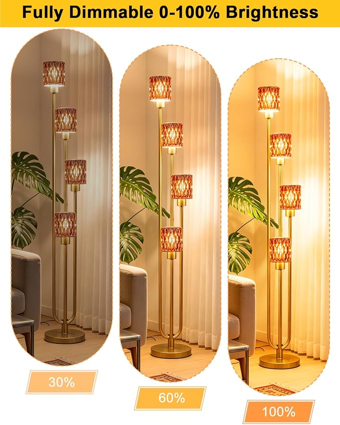 Vintage 4-Light Deep Red Glass Floor Lamp, Dimmable Gold Standing Tall Lamp for Reading, Mid Century Modern Floor Lamp for Living Room Bedroom Home Office Corner Decor, Bulb Included