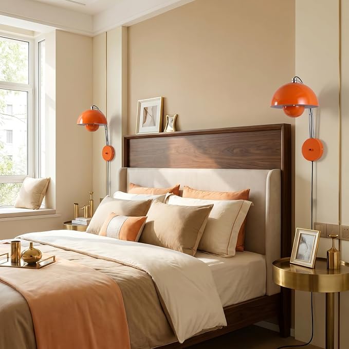Mid-Century Modern Bud Plug in Wall Sconces for Bedroom, Pastel Orange | Indirect lighting reading wall lamp, all-metal construction, plug-in or hardwired install, fits bedroom bedside, living room