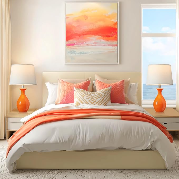 Table Lamp Set of 2, Modern Ceramic Bedside Lamps for Night Stands, Classic Small Lamp Nightstand Lamp for Bedroom Living Room Desk End Table Rocker Swtich Orange