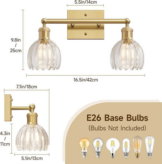 Vintage Bathroom Light Fixtures,2-Light Rustic Vanity Lights for Bathroom,Hallway,16.5 in Brass Vanity Lights,Tulip Light Fixtures for Mirror with Clear Tulip Glass Shade for Bedroom,E26 Base