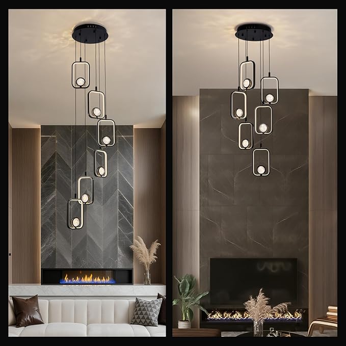 6Lights Modern LED Crystal Chandelier 6 Lights Black High Ceiling Chandelier for Staircase Large Adjustable Length Light Fixture for Foyer Entryway Living Room
