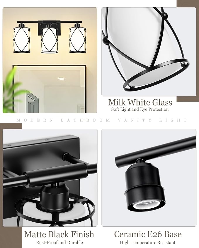 3-Light Black Bathroom Light Fixtures with Milk White Frosted Glass, 21" Modern Bathroom Vanity Lighting Fixtures Over Mirror with Metal Cage, Wall Sconce Lights for Bath, E26, CH9176BKW-3W