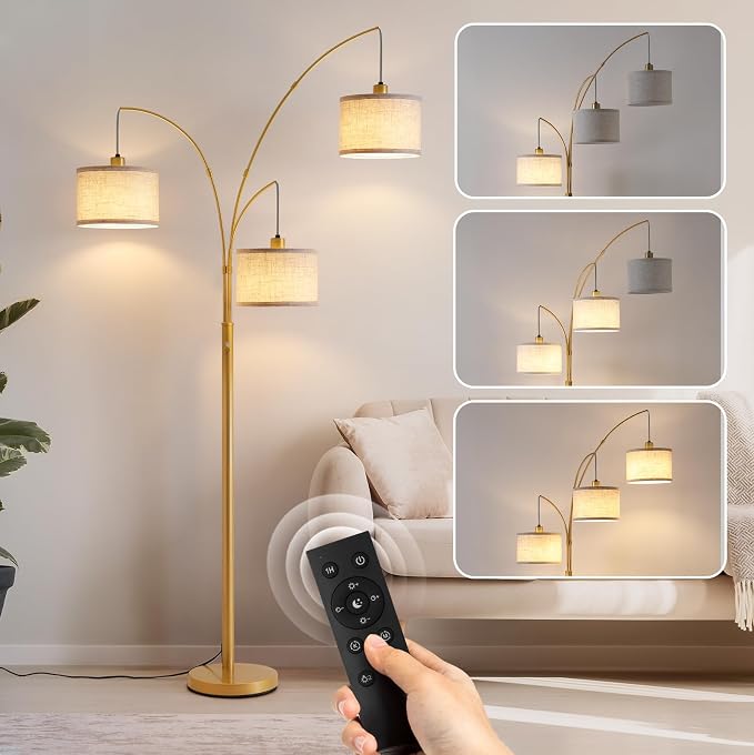 Dimmable Floor Lamp with Remote, Beige Shade Gold Pole | 2400LM Super Bright, Independently Controlled 9W LED Energy-Saving Light Bulb, 80" Tall Lamps for Living Room