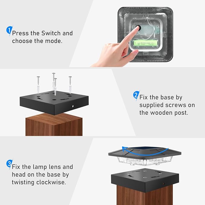 6 Packs 4x4 Post Solar Lights with 3 Modes | Waterproof Solar Cap Lights for 4×4/3.5×3.5 Wood/Vinyl Posts, Post Top Lighting Outdoor for Fence Deck Mailbox Porch Railing