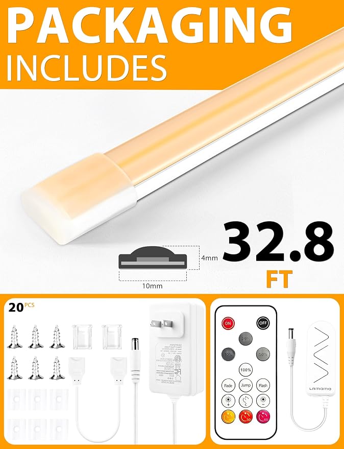 COB LED Strip Lights 32.8Ft, Warm White Dimmable Self-Adhesive Led Rope Light with Remote,Waterproof Cuttable 24V Flexible Neon Under Cabinet Tape Lighting for Bedroom, Kitchen,TV 10 mm Width