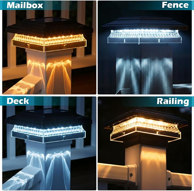 SIEDiNLAR Solar Post Cap Lights, 2 Pack 2 Modes 50 Lumens, 4x4 5x5 Wooden/Vinyl Posts Waterproof Outdoor Lighting for Deck Fence Patio, White/Warm (Black)