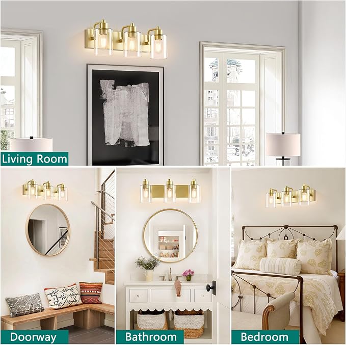 Dpyrrhic Gold Bathroom Light Fixtures,3-Light Bathroom Lights Over Mirror with Clear Glass Shade,Gold Vanity Light Wall Sconces for Kitchen Living Room Bedroom
