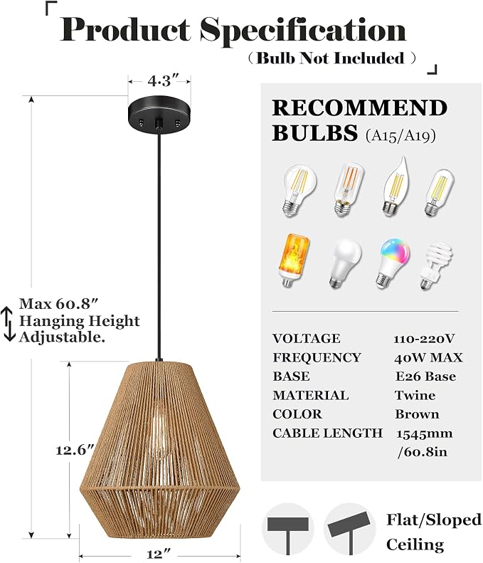 ELYONA Woven Pendant Lights Modern Boho Hanging Lamp with 12" Handwoven Rattan Basket Shade Adjustable Rustic Pendant Light Fixtures for Kitchen Island Farmhouse Dining Room Bar Bedroom Foyer Hallway