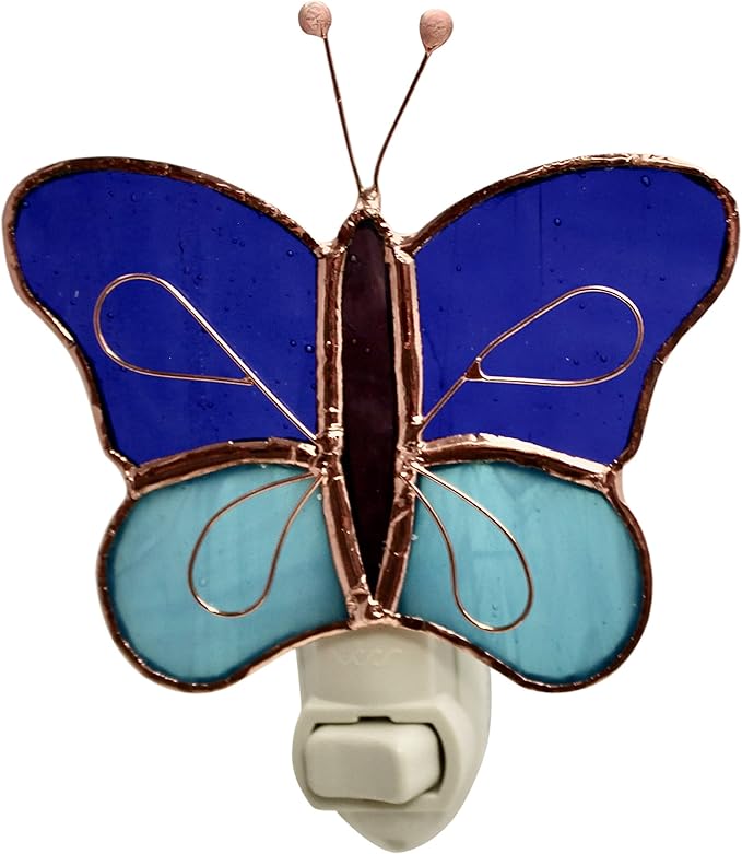 Gift Essentials Blue and Aqua Butterfly Plug in Night Light - Stained Glass Nightlight with On/Off Rocker Switch - Includes One 4 Watt Replaceable Incandescent Warm Glow Bulb