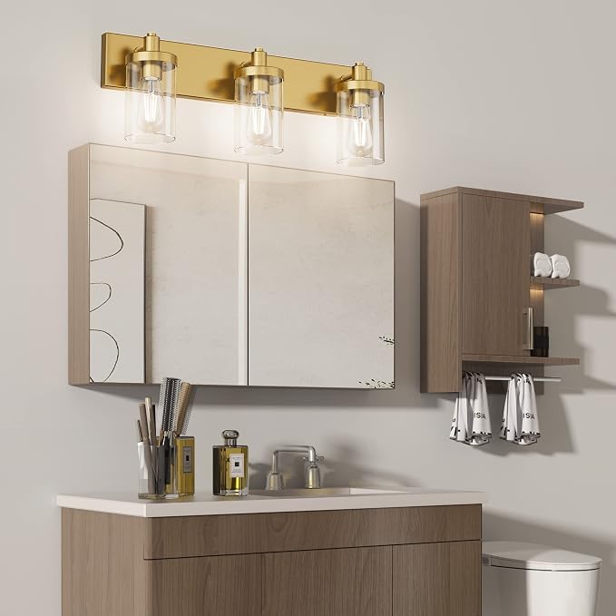 Aipsun Gold Vanity Light 3 Lights Bathroom Vanity Lighting Fixtures Over Mirror Bathroom Wall Light with Clear Glass Shade(Exclude Bulb)