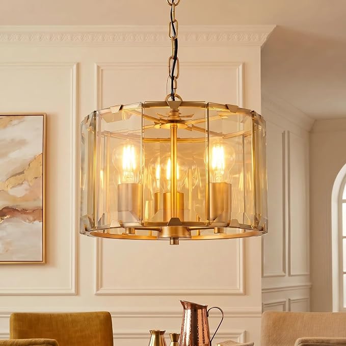 Gold Chandeliers for Dining Room,3-Light Pendant Lights Kitchen Island Round, Height Adjustable Modern Dining Room Light Fixture over Table for Kitchen Entryway Foyer Living Room, UL Listed, 13 Inch