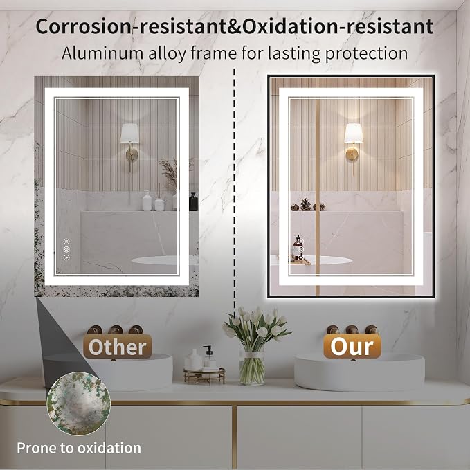24"x32" LED Bathroom Mirror with Lights, Front & Backlit, Anti-Fog | Lighted Mirror with Dimmable, Aluminum Frame, 3 Color Temperature, CRI 90+, Touch Control with Memory, HD Tempered Glass