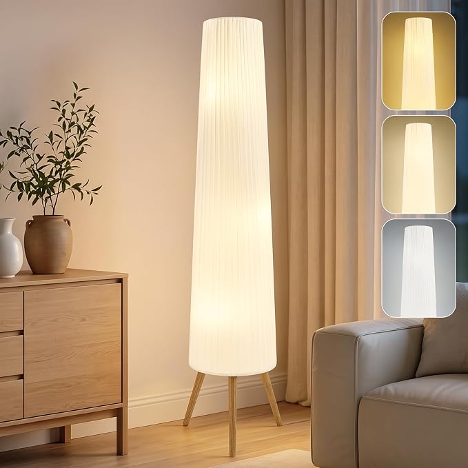 60 Inch Wood Floor Lamp, White Cloth Shade, Color Temperature Adjustable Softlighting Corner Lamp, 3 Bulbs Standing Lamp, Creative Ambient Light for Living Room Bedroom&Office-Bulbs Included