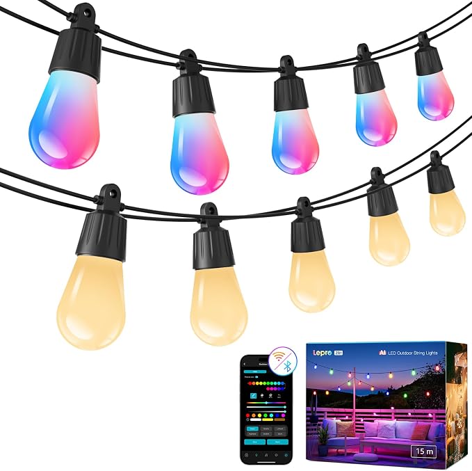 Lepro ZB1 AI Smart Outdoor String Lights, 54(42+12) ft RGB+IC+Warm White | Outside Patio Lights, 15 Plastic LED Bulbs, Music Sync, Alexa Google Enable, 2.4 GHz WiFi+Bluetooth, APP Control, No Remote