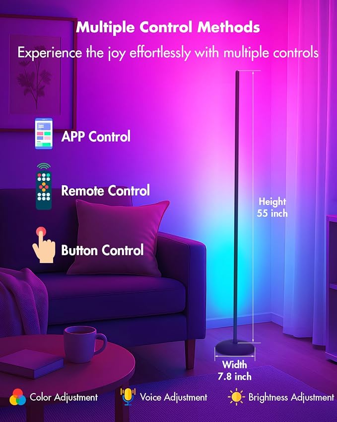 LED Corner Floor Lamp, Smart RGB Corner Lamps for Living Room | APP & Remote Control, Dimmable 16 Million Color Changing & 213 Scenes, Music Sync, Standing LED Lights for Bedroom - Black