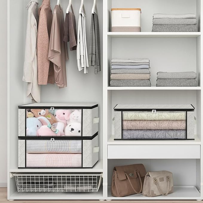 HomeHacks 3-Pack Clothes Organizer Storage Bags, 35L Storage Bins, White | Foldable Storage Box Container with Zippers, Clear Window, Reinforced Handles for Closet, Dorm, Pillows, Bedding, Sweater