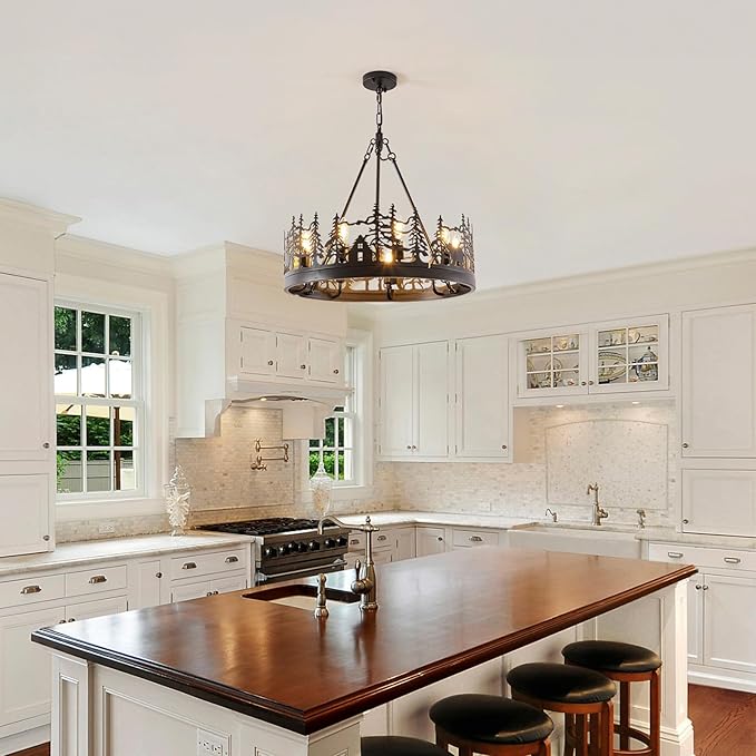 9-Light Rustic Farmhouse Chandelier, Black Wagon Wheel Pendant Light Fixture 23.6” Round Vintage Bear Chandelier for Dining Room Living Room Kitchen