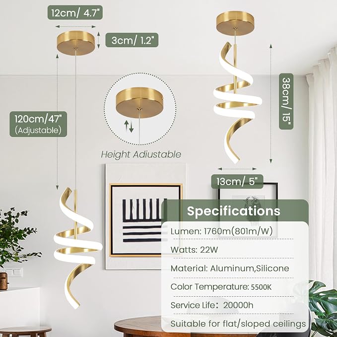 Modern Spiral LED Pendant Lights Kitchen Island, 22W Adjustable Height Hanging Light Fixture 5500K Gold Chandelier for Dining Room Cafe Table, 3 Pack