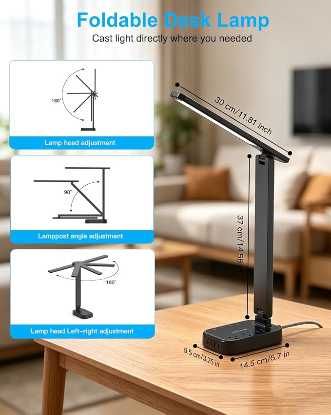 LED Desk Lamp Power Strip with 4 USB 3 Outlets, Dorm Room Essentials, Black | One Beat 4 Modes 5 Level Brightness Touch Lamp, Small Desk Lamp for Home Office College Dorm Essentials, Study Reading Light