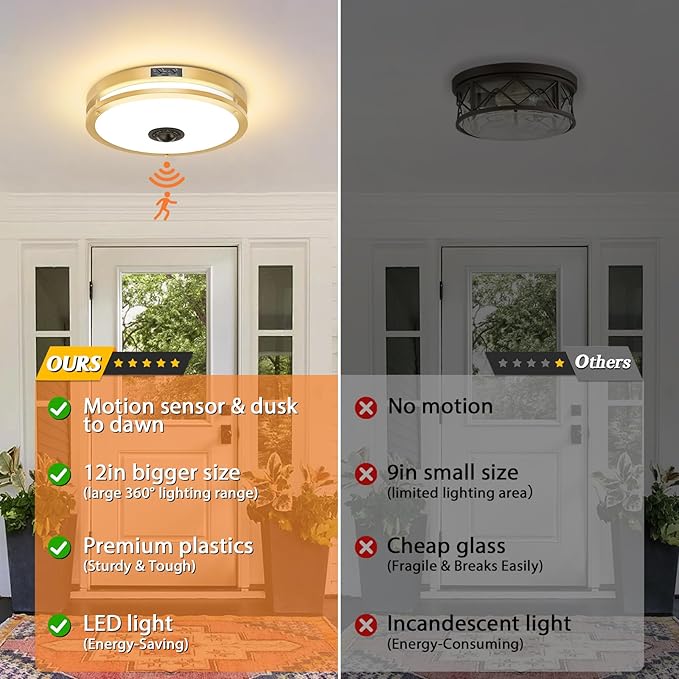 2 Pack 24W LED Motion Sensor Outdoor Ceiling Light, 12IN 2700K/3000K/3500K/4000K/5000K Adjustable Ceiling Lights, Dusk to Dawn Flush Mount LED Ceiling Light Fixture for Porch, Garage, Gold