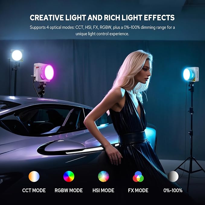 Godox ML100R RGB LED Video Light, 110W 1800K-1000K Full Color RGB LED COB Contiuous Light, 14 FX Effects Photography Light Support APP Control