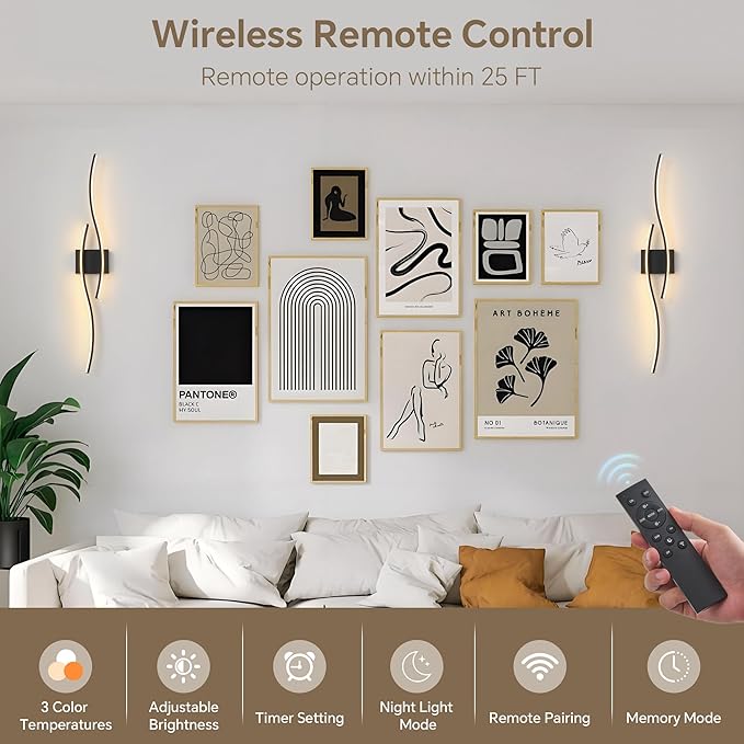 Battery Operated Wall Sconce Set of 2, Dimmable Modern LED Wireless Wall Light with Remote Control, Sconce Wall Decor for Living Room, Hallway, Quick Install, No Electrician Required
