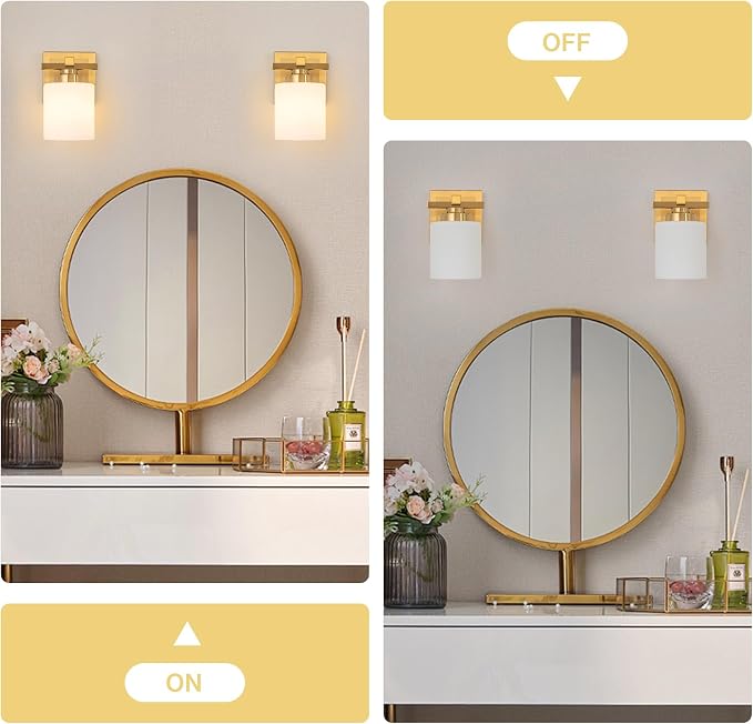 Modern Bathroom Light Fixtures Over Mirror, Vanity Lights for Bathroom Wall Sconces with Milky White Glass Shades, E26 Socket (Bulbs Not Included), 1 Light, Brass