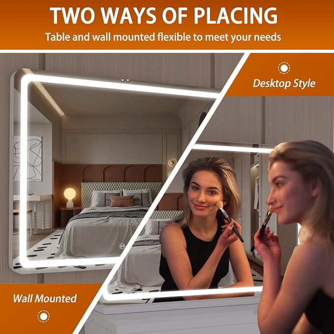 Hasipu Vanity Mirror with Lights, 27.6" x 20" LED Makeup Mirror, Lighted Makeup Mirror with Dimmable 3 Modes, Touch Screen Control Vanity Mirror Round White