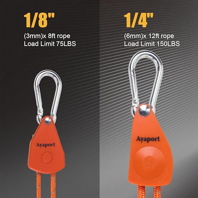 Ayaport Adjustable Rope Hanger Grow Light Hanger, 8Ft 1/8" Heavy Duty Plant Pulley Rope Tightener Ratchet Tie Down for Kayak, Tarp, Tent Tie Downs, Hanging Plants, Filters, Fans