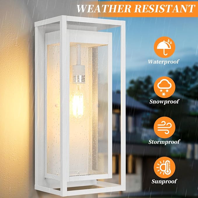 19" Large Outdoor Wall Light Fixtures, White Porch Light, 2 Pack | Large Size, Anti-Rust, Waterproof, Tempered Glass, Easy Installation, Modern Exterior Sconces for House Entryway Garage