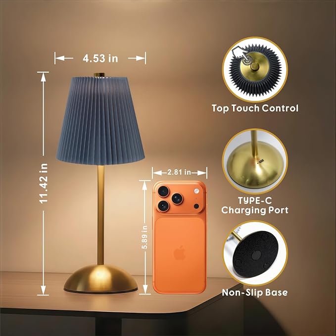 Set of 2 Small Rechargeable Lamp Cordless, LED Battery Table Lamp | Mini Wireless Desk Lamps, Bed Side Table Lamps Stepless Dimming, Tabletop Touch Lamps for Dorm, Restaurant, Bar (Gray-Blue)