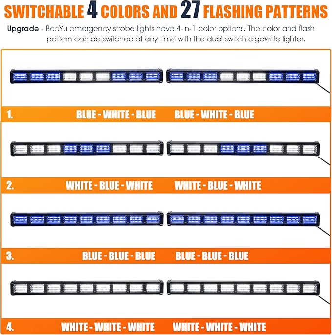 BooYu [Upgraded] Switchable 4 Colors Emergency Strobe Traffic Advisor Light Bar 162 LED Windshield 2 in 1 Visor Safety Warning Hazard Flashing Lights for Firefighter Police Truck Vehicle (Blue/White)
