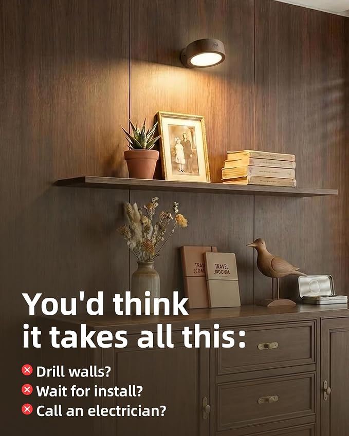 EZVALO LED Wall Mounted Light, 3000mAh Rechargeable Cordless Wall Sconce, Dimmable with Remote & Touch Control, 3 Color Temps, 360° Rotatable for Bedroom, Bedside, Reading(Walnut, 2Pack)