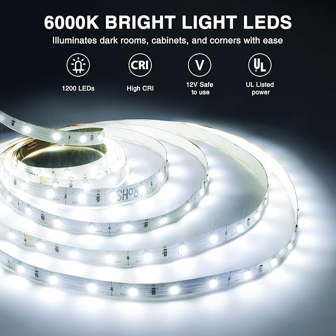Onforu LED Strip Lights, 65.6ft Dimmable Daylight White for Under Cabinet | 20M 6000K Flexible 12V Adhesive Ribbon Easter Tape Rope Light for Kitchen, Bedroom