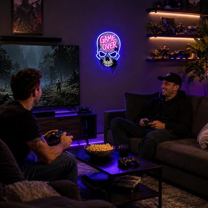 Game Over Skull Neon Sign LED Neon Light USB Dimmable Gaming Room Decor