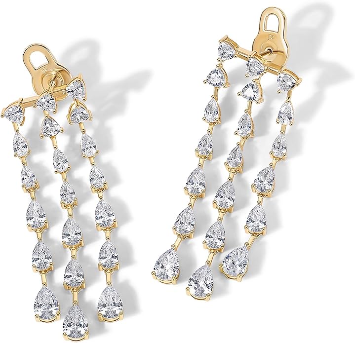 PAVOI 14K Gold Plated Long Tassel Dangle Earrings for Women - 925 Sterling Silver Posts Elegant Rhinestone Chain Chandelier Drop Earrings - Statement Jewelry